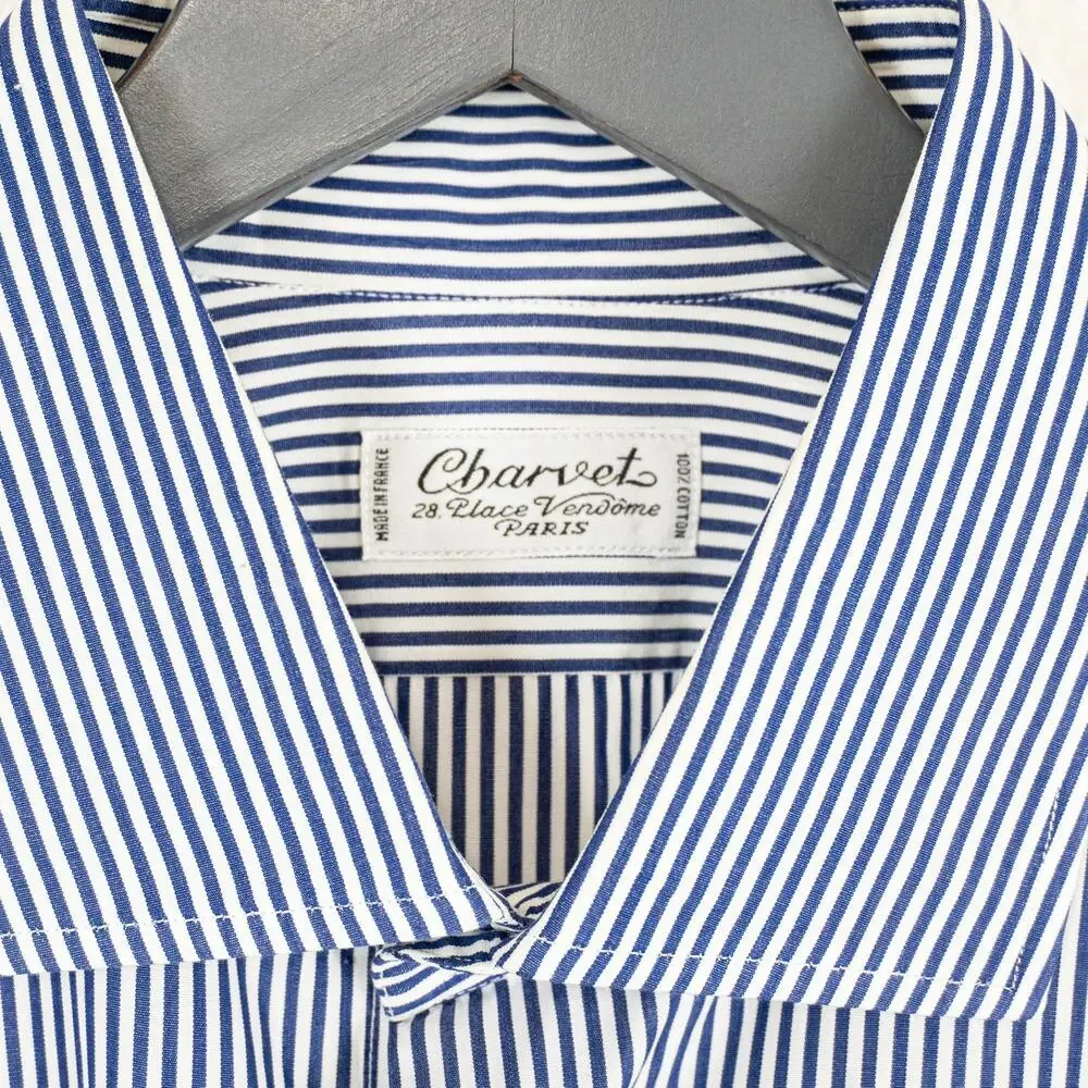 Charvet Paris Men's Classic fit Dress Shirt Blue Striped cotton 16 neck
